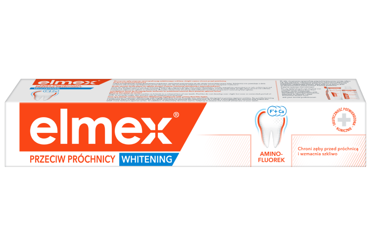 Opakowanie pasty do zębów Elmex przeciw próchnicy z efektem wybielania.