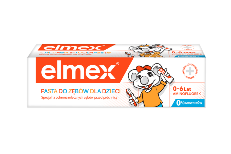 Opakowanie pasty do zębów dla dzieci Elmex z rysunkiem wesołej myszki