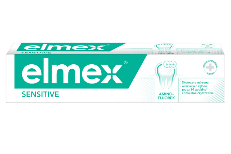 Opakowanie pasty do zębów Elmex Sensitive z aminofluorkiem, przeznaczonej do wrażliwych zębów.